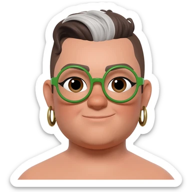 fat queer gender expansive lightskinned person with a double chin and a rounded square face shape assigned female at birth with short brown and silver mullet and bold green round glasses with almond shaped deep set brown eyes and a slight knowing smile wearing bold dangly earrings sticker