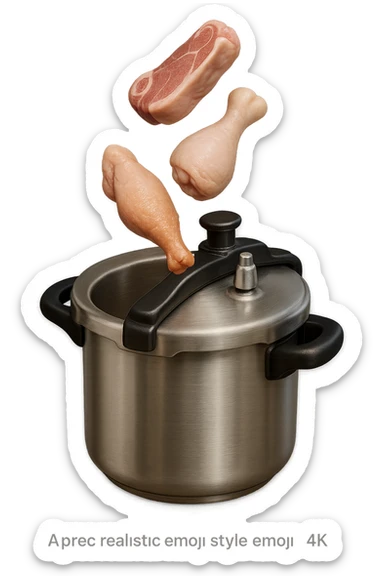 emoji stile iphone in 3d di una pentola a pressione dentro cui cadono agnello, pollo e tacchino crudi da cuocere, iperrealistico 4k sticker