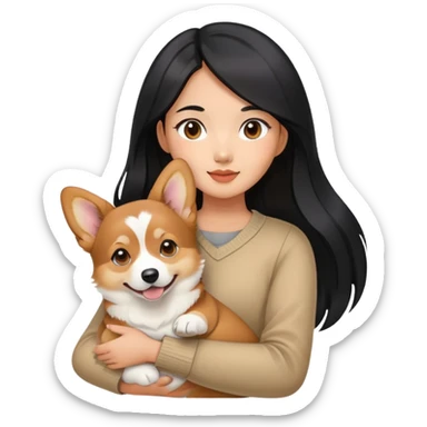 Asian girl with long black hair holding her corgi sable color sticker