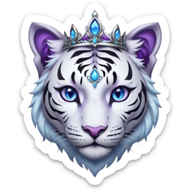 ESO Female white/black tiger khajiit leader of the umbral rose, glowing blue eyes, glowing blue 'third eye' gem; beautiful purple gemmed silver tiara sticker