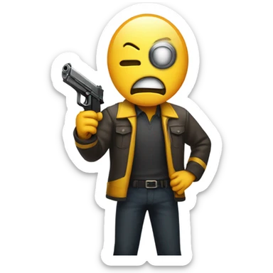 A yellow-faced emoji with a gun saying with a text bubble saying no I'd win looking angry sticker