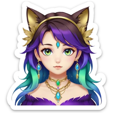 Beautiful gorgeous anime lady with beautiful dark-brown-special-hair, fashion aesthetic, ethereal, violet feather in hair, accessories, gold jewelries, gold, colorful, feline ears, colorful hazel-green-blue-gradient eyes sticker