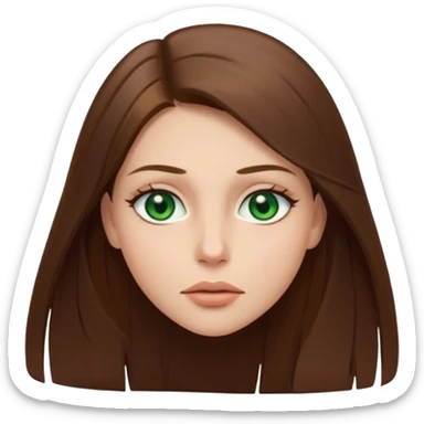Female face emoji. Straight long brown hair, fair skin, green eyes, neutral expression, closed lips, minimal makeup sticker
