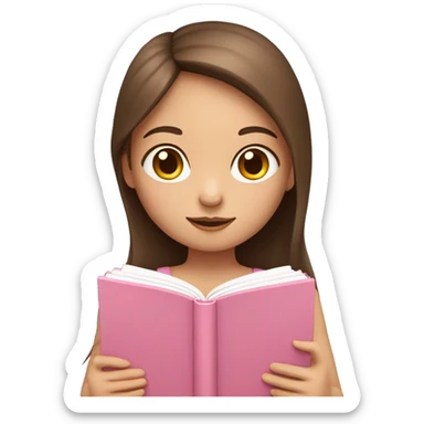 fair-skinned girl with long and straight brown hair holding a baby-pink-colored book sticker