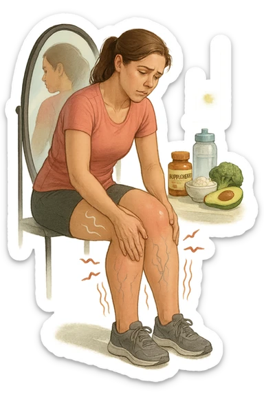 Donna tra i 25 e i 35 anni in abbigliamento sportivo, seduta o in piedi davanti allo specchio, mentre massaggia con forza le sue gambe gonfie, con espressione determinata ma affaticata. Intorno alle gambe si vedono simboli visivi di gonfiore e ritenzione (gambe leggermente arrossate, vene visibili, contorni delle gambe evidenziati da linee simboliche). Sullo sfondo: integratori naturali, alimenti sani e una bottiglia d’acqua, come strumenti di supporto. Atmosfera di lotta personale, luce neutra ma con accenti di speranza. Stile realistico e educativo sticker