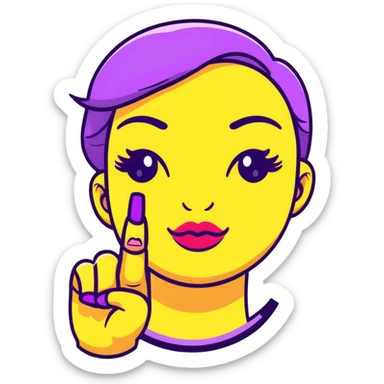 Classic yellow emoji face with closed eyes that form upward curved lines, eyelashes, pursed lips with lipstick, and a hand gesture with only the thumb out while other fingers are closed, all nails painted sticker