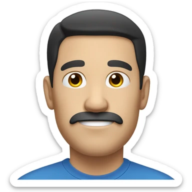 white man with black hair, not wavy hair, earing a plain blue t-shirt. Has a slight moustache sticker
