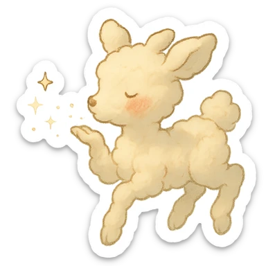 vanilla-colored cloud doe with rosy cheeks, floating, blowing a kiss with sparkles, soft and dreamy ghibli style sticker