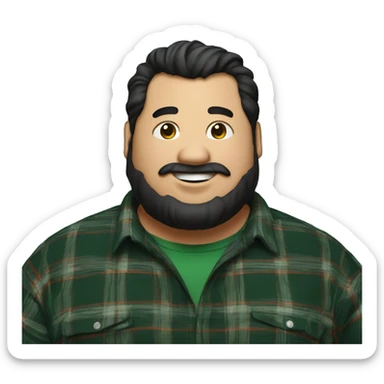 Fat man wearing a darkgreen and black plaid flannel shirt profile picture, happy, black hair sticker