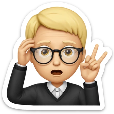 Generate a emoji head base with a shocked expression with a finger pushing the glasses down a little bit make the glasses tipped and make the head full yellow with a slight tint at the top with no hair also make the glasses tipped a 35 angle sticker