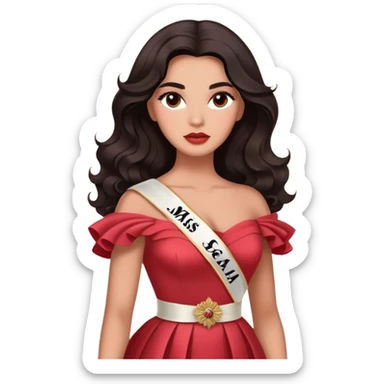 A woman with canela-toned skin, dark voluminous hair in waves, expressive eyes with soft lashes and shimmer, full lips with a glossy nude-pink color, wearing a red dress and a white sash with “Miss San Juan” in black letters, exuding elegance and confidence sticker