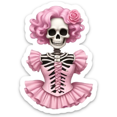 Skeleton wearing a pink laced corset top with ruffles  sticker