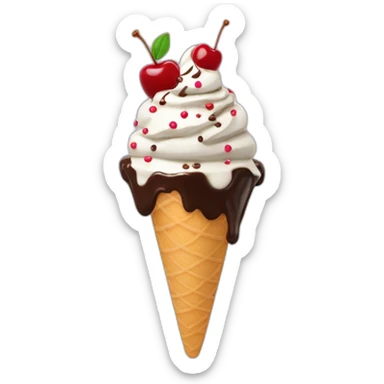 An ice cream sundae with sprinkles, chocolate sauce, and a cherry  sticker