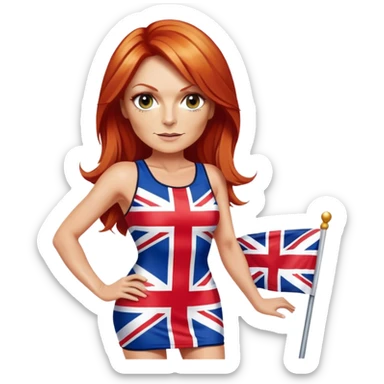 Geri Halliwell with red hair and blonde highlights wearing a short bodycon uk flag dress sticker