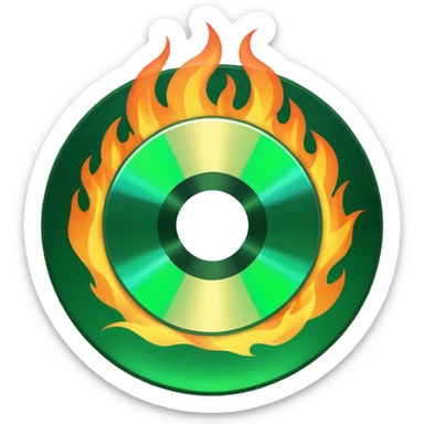 A minimalist CD disc with a subtle fire design, green flames. sticker