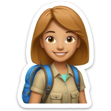 A 3D cartoon woman with a backpack smiling outdoors, surrounded by greenery, Memoji-style realism. sticker