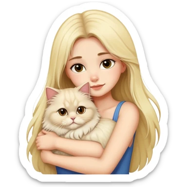 pretty girl with dark long hair hugging her blonde fluffy persian cat  sticker