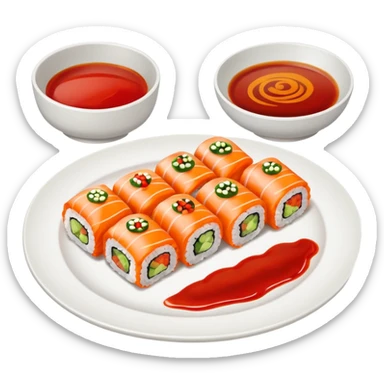 Maki rolls with sauce on top in a plate sticker