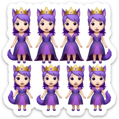 A collection of twelve chibi-style illustrations of a cute princess wearing a purple dress and crown with purple hair and purple wolf ears and purple wolf tail character. Each square shows the character doing something different against a white background And make a gap between each illusion sticker