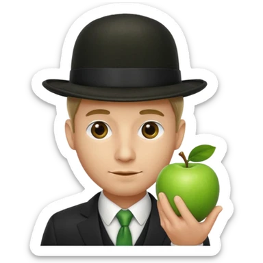 homme en costume chapeu melon, grosse pomme verte devant visage sticker