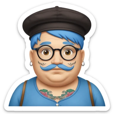very tattoed face, normal glassess, fat venice gondolier with iconic hat and blue hair woman sticker