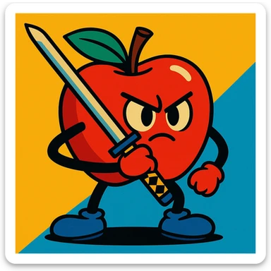an apple with a katana, vibrant toon style sticker