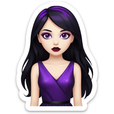 girl with long black hair, sparkling black dress, purple eyeshadow, dark red lips, edgy style sticker