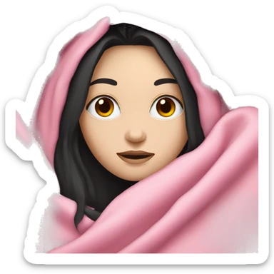 pale white girl with long black hair laying under pink blanket sticker