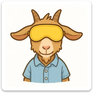 a goat with yellow sleep mask and wearing shirt, front view,  Frontal Top-Down Soft Light, white background, portrait, casual cartoon stylized sticker