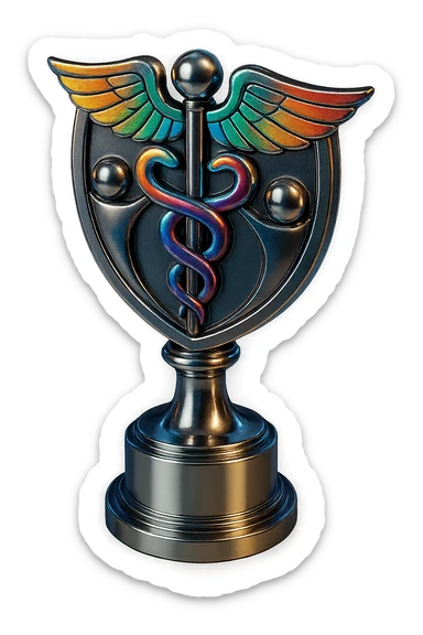 Add vibrant color accents to the chrome trophy with staff symbol, keeping the chrome style prominent and maintaining the shiny metallic chrome effect with colorful highlights. sticker