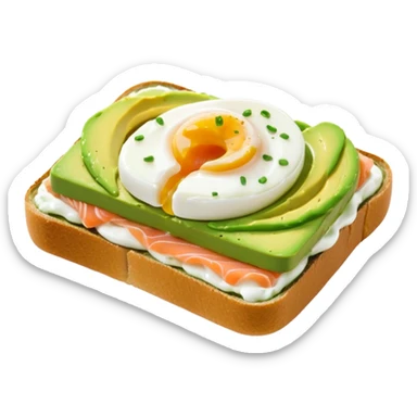 avocado toast with salmon and pachot eggs, green cream is covering everything sticker