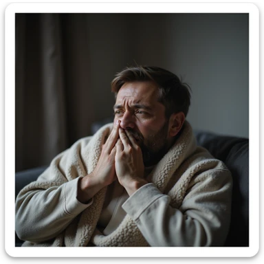 hyperrealistic 4K image of a man coughing, sitting on a sofa with a blanket over his shoulders, tired face and teary eyes, domestic environment sticker