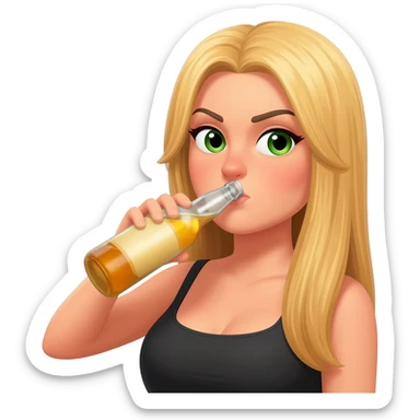 She looked like a top model, with long blonde hair and green eyes. She is being drunk by holding a bottle and rude sticker