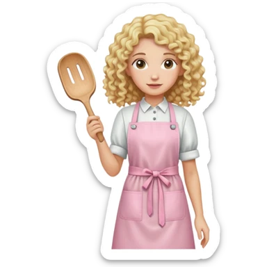 Blonde curly long hair with a light pink handicraft apron sticker