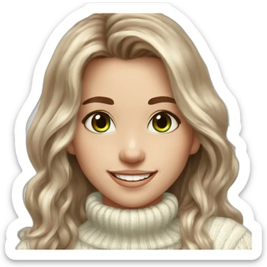 beautiful girl, white, with long loose wavy hair, brown hair, brown green eyes, smiles at the camera, good teeth, white sweater, realistic drawing sticker