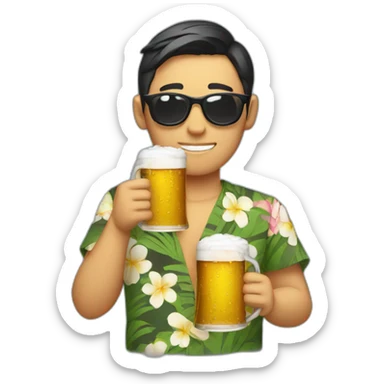 Japanese wearing roundglasses alohashirt is holding beer sticker