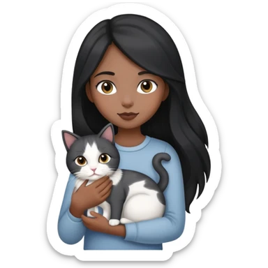 black longhair girl holding a grey white cat sticker