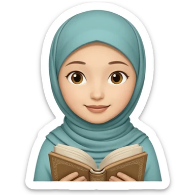 Muslim woman reading Quran with calm smile, pastel background, hijab sticker