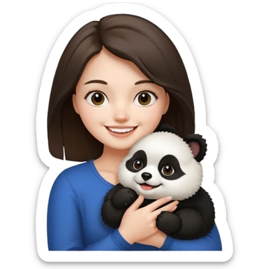 an brunette hair girl holding her white pomeranian dog that looks like a panda sticker