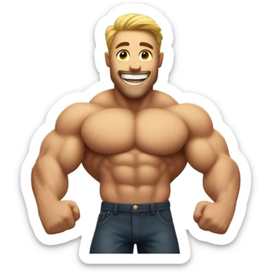 An emoji of a muscular man flexing his biceps, showcasing strength and confidence with a big smile sticker