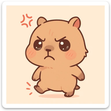 annoyed capybara in chibi anime style, furrowed eyebrows, stomping foot, comic anger symbol, minimal background sticker