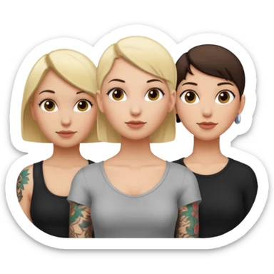 throuple blonde femaleand brunette female with bald tattooed sticker