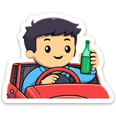 person in a car holding a bottle, showing the act of drinking and driving sticker
