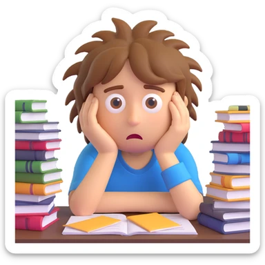 emoji of a tired and stressed student with messy hair, droopy eyes, surrounded by books and papers, expressing exhaustion from exams sticker