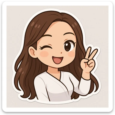 3D bitmoji chibi sticker of the girl from the reference, expressive face and eyes, long brown hair, winking playfully. sticker