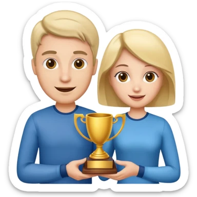 Create an emoji that reflects man & woman that is happy, and that asks a lot of questions and have trophy all around him & her sticker