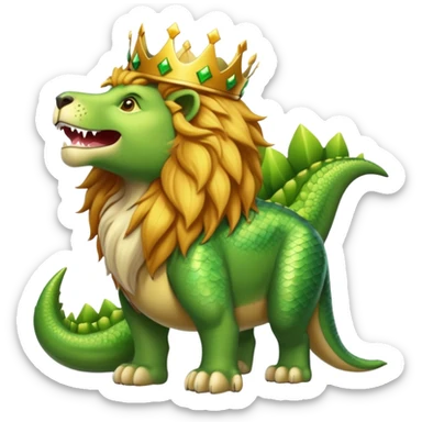 A lion wearing a golden crown standing next to a friendly dinosaur sticker