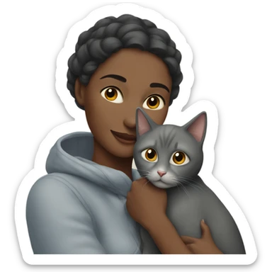 outdoor portrait of a woman hugging a gray cat sticker