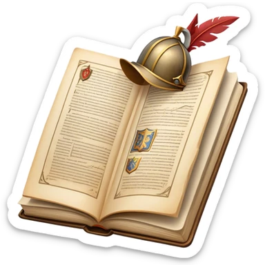 Icon for Historical Fiction Reading: an open book with pages showing ancient scrolls, a quill, a knight's helmet, and a parchment map. The icon should evoke the adventure and grandeur of historical settings and storytelling. Transparent background. sticker