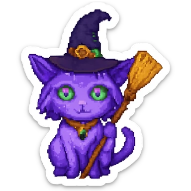 Edit the image of a purple witch cat holding a broomstick in pixel art style with no background. Remove the background and keep the pixel art style look intact. sticker